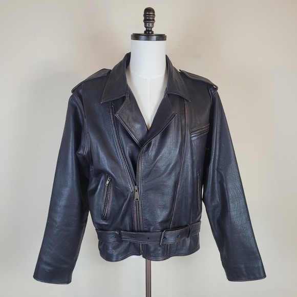 Badge Other - Badge Leather Jacket Mens Large Black Distressed Belted Moto Biker Asymmetrical